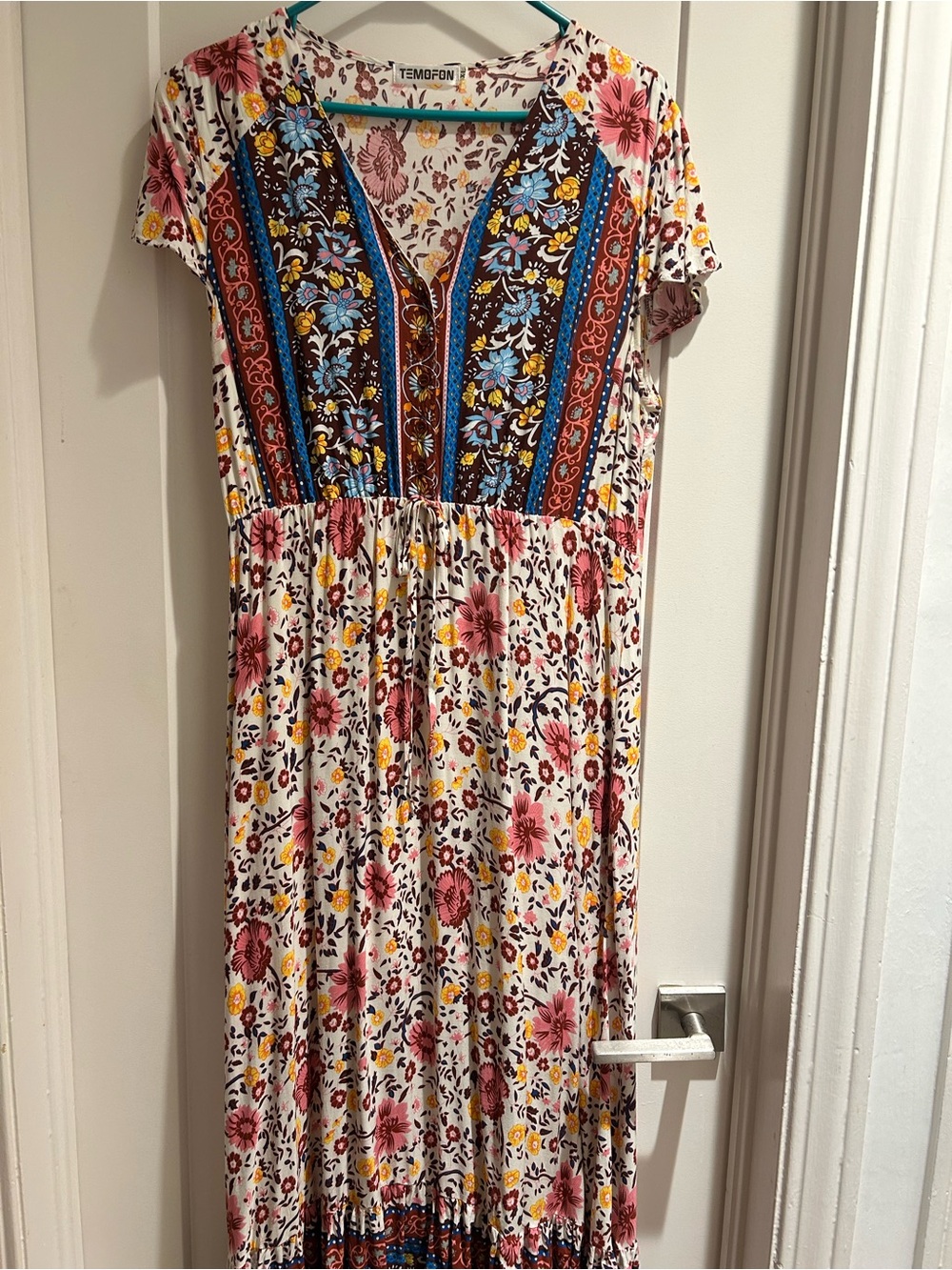 Boho Floral V-Neck Maxi Dress in White with Pink & Yellow Flowers